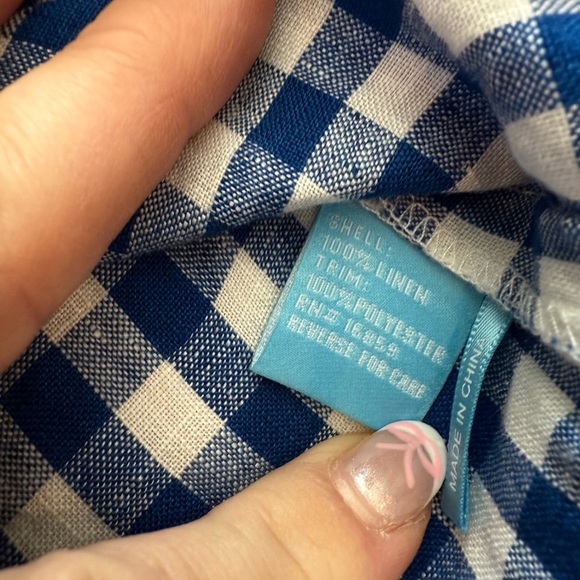 J. McLaughlin Size Medium Dress Linen Blue White Gingham Eyelet Pockets Shift - Picture 2 of 7